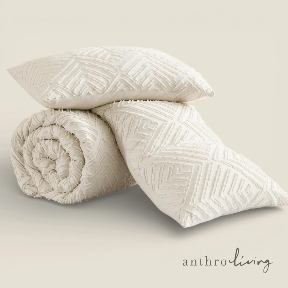 NEW Anthro Beige Diamond Tufted Queen / King Boho Comforter Bedding & Sham Set